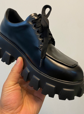 刘雯同款松糕厚底单鞋系带小皮鞋女英伦风春秋百搭乐福鞋黑色鞋子