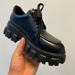 刘雯同款松糕厚底单鞋系带小皮鞋女英伦风春秋百搭乐福鞋黑色鞋子