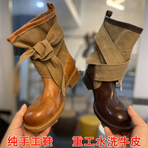 水洗牛皮蝴蝶结粗跟骑士靴女