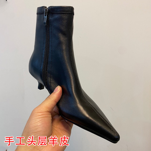 头层羊皮中跟尖头短靴女小猫跟弹力瘦瘦靴细跟踝靴法式白色裸靴子