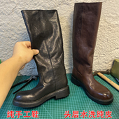 肖二哥手工水洗牛皮中古厚底西部靴真皮不过膝长筒靴高筒骑士靴女