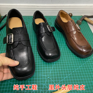 手工纯真皮xmiu家圆头厚底粗跟小皮鞋女2025新款英伦风乐福鞋单鞋