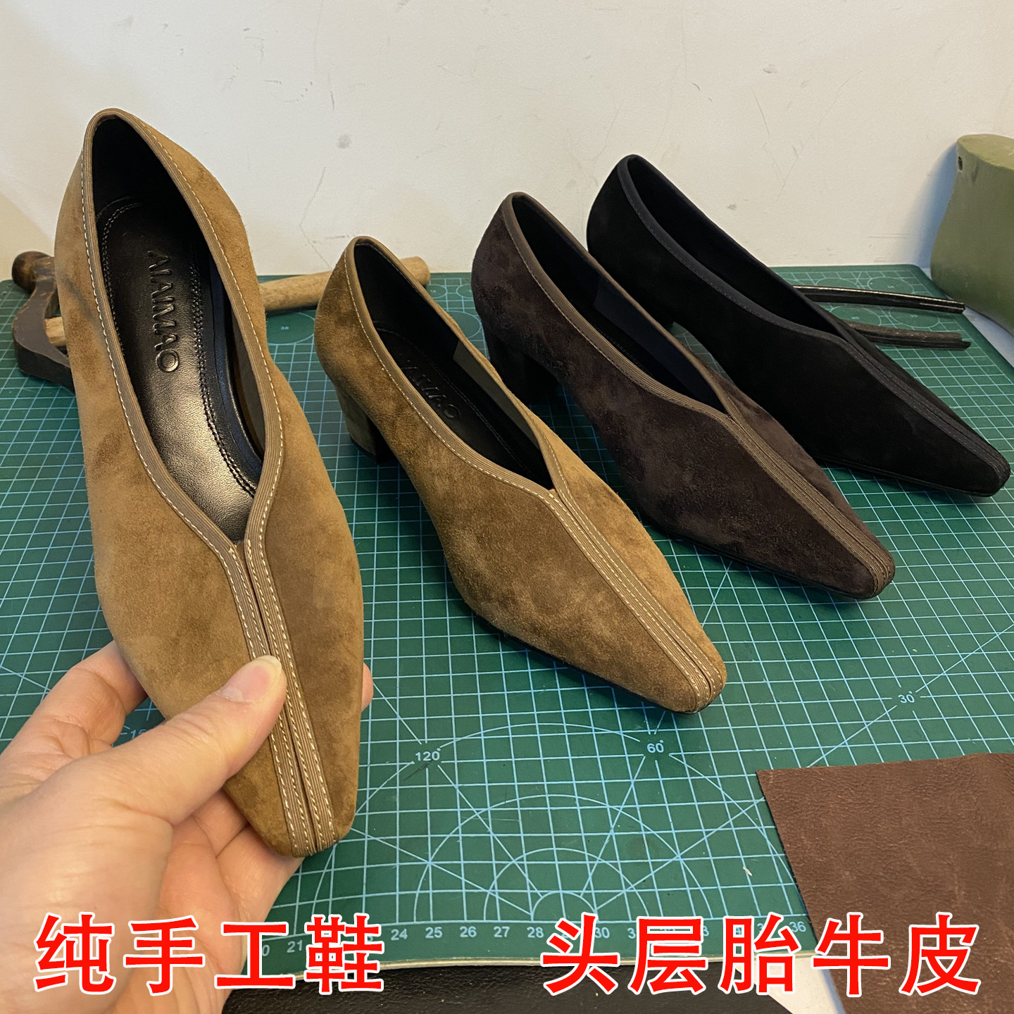 肖二哥 胎牛皮绒法式复古高跟鞋真皮浅口粗跟软皮V口小方头单鞋女