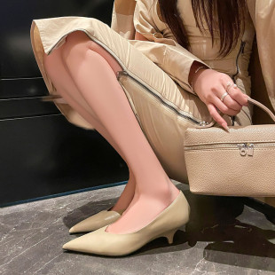 头层牛皮尖头细跟气质通勤外穿工作鞋春夏新款女真皮高跟浅口单鞋