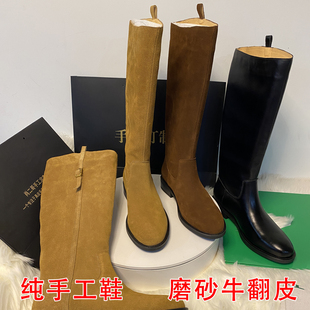 董洁同款手工真皮牛反绒棕色西部牛仔靴不过膝高筒骑士靴长筒靴女