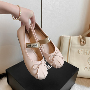 真丝绸缎牛皮芭蕾舞蝴蝶结一字带玛丽珍粉色平底鞋浅粉芭蕾单鞋女