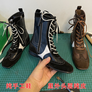 创意设计手工头层真皮拳击靴内增高休闲高帮鞋马丁靴女短靴德训鞋