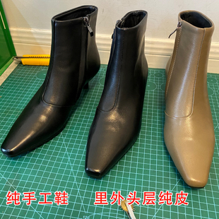 纯手工真皮法式羊皮踝靴小方头马丁靴瘦瘦靴洋气小猫跟高跟短靴女
