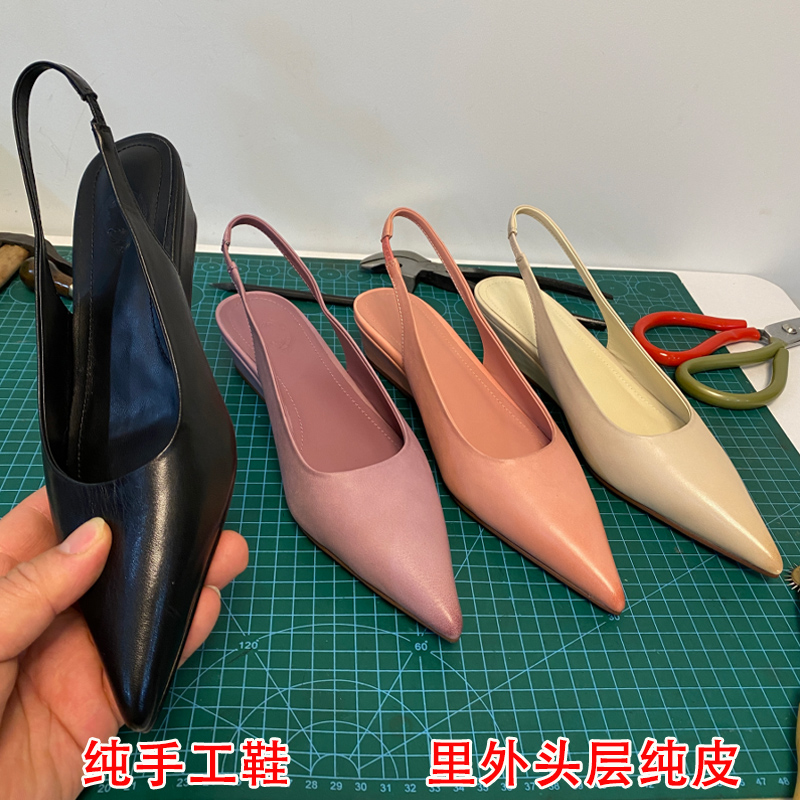 真皮坡跟后绊带尖头后空高跟凉鞋