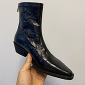 真皮手工做旧尖头短靴女小众显瘦粗跟水洗手抓纹羊皮褶皱西部靴子