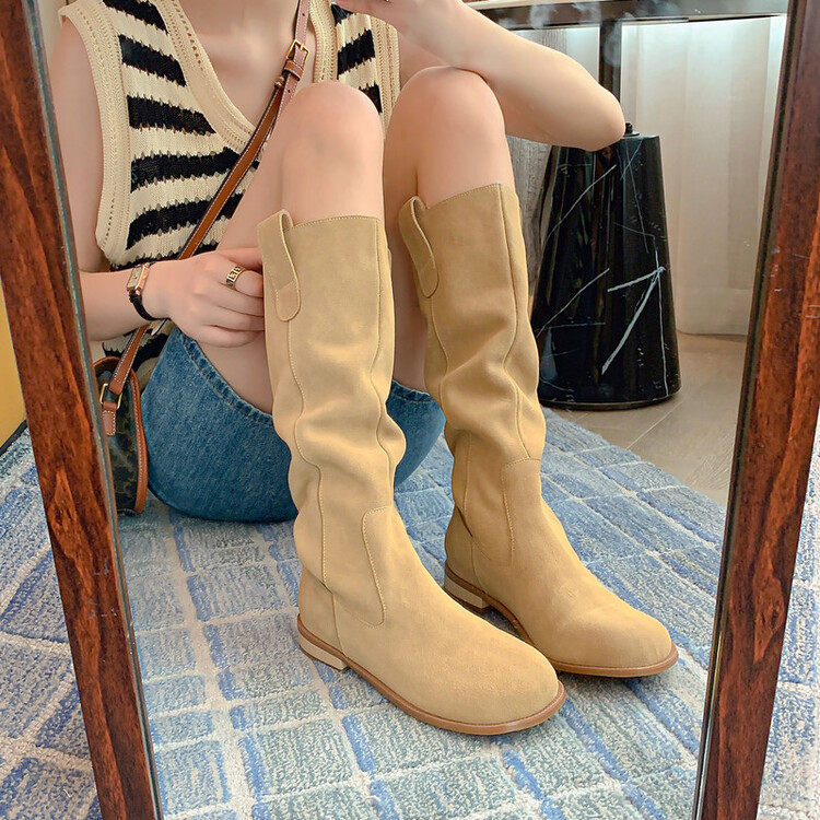 肖二哥堆堆靴平底长靴女新款高筒骑士靴翻毛皮西部牛仔靴中筒靴子