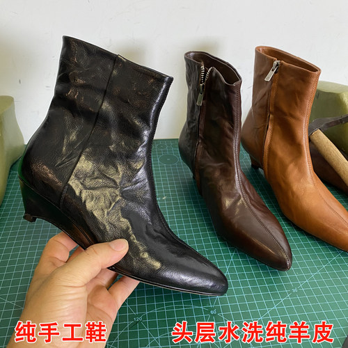 纯手工水洗羊皮尖头显瘦短靴女