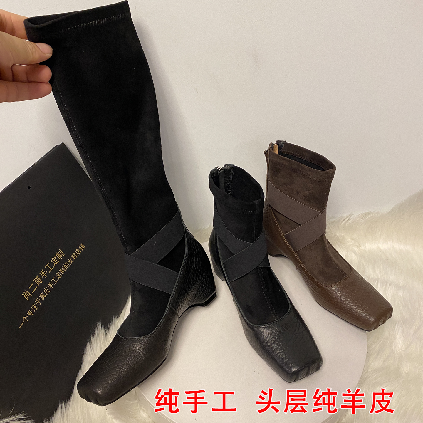 手工真皮大象纹法式粗跟芭蕾舞靴