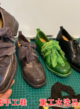 小众设计气质水洗马皮复古方头系带guidi鬼帝小皮鞋单鞋手工女鞋