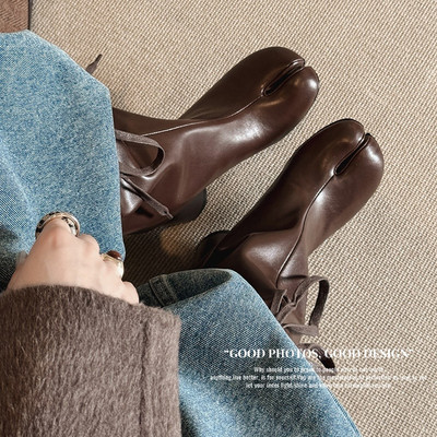 秋季新款真皮粗跟宽筒系带分趾靴