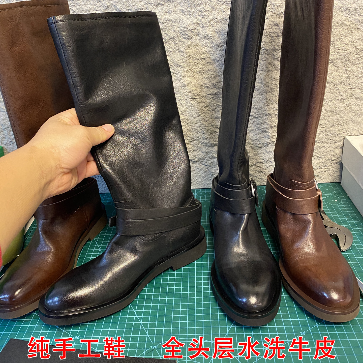 手工水洗马皮不过膝高筒骑士靴女圆头机车靴时髦皮带扣粗跟长靴女