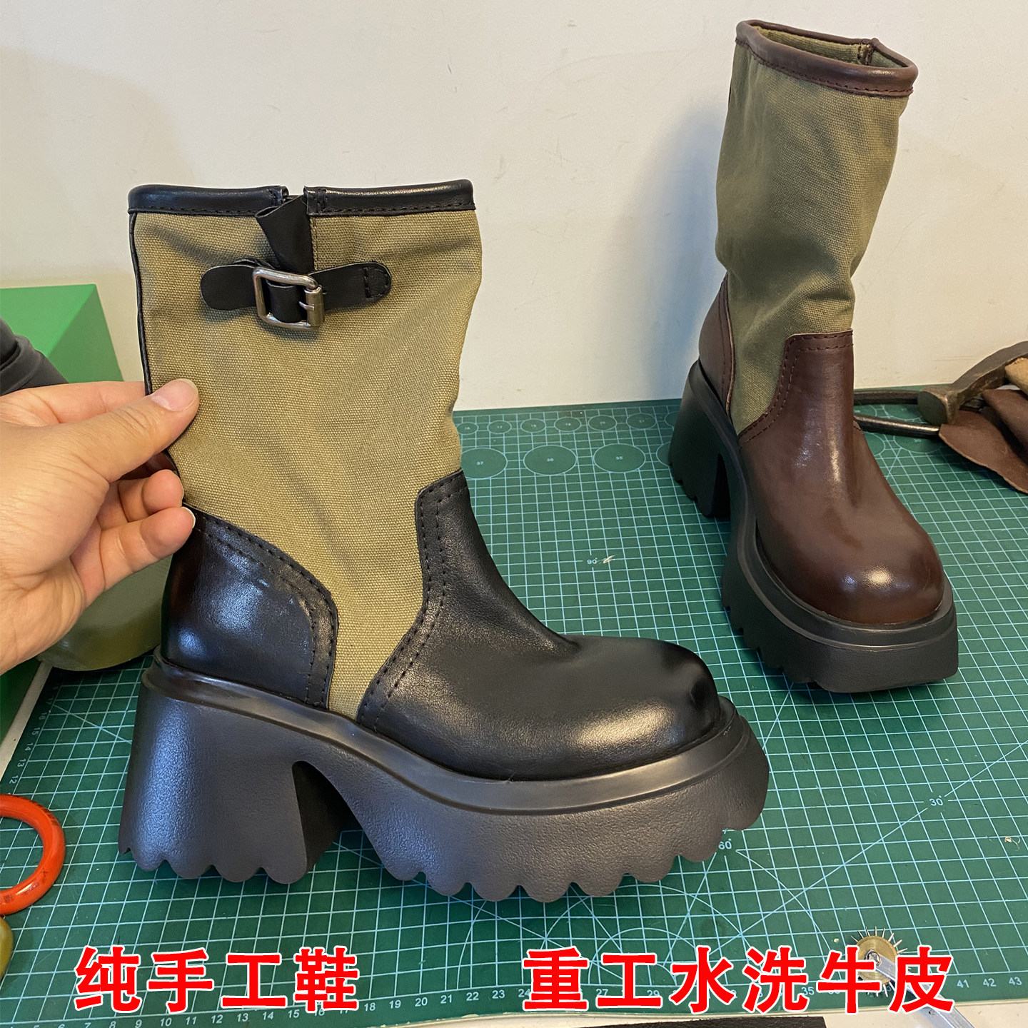 水洗牛皮小个子增高厚底皮带扣短筒马丁靴帆布拼接粗跟西部堆堆靴