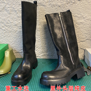 肖二哥重工水洗真皮做旧拉链粗跟西部靴厚底长筒骑士靴宽筒高筒靴