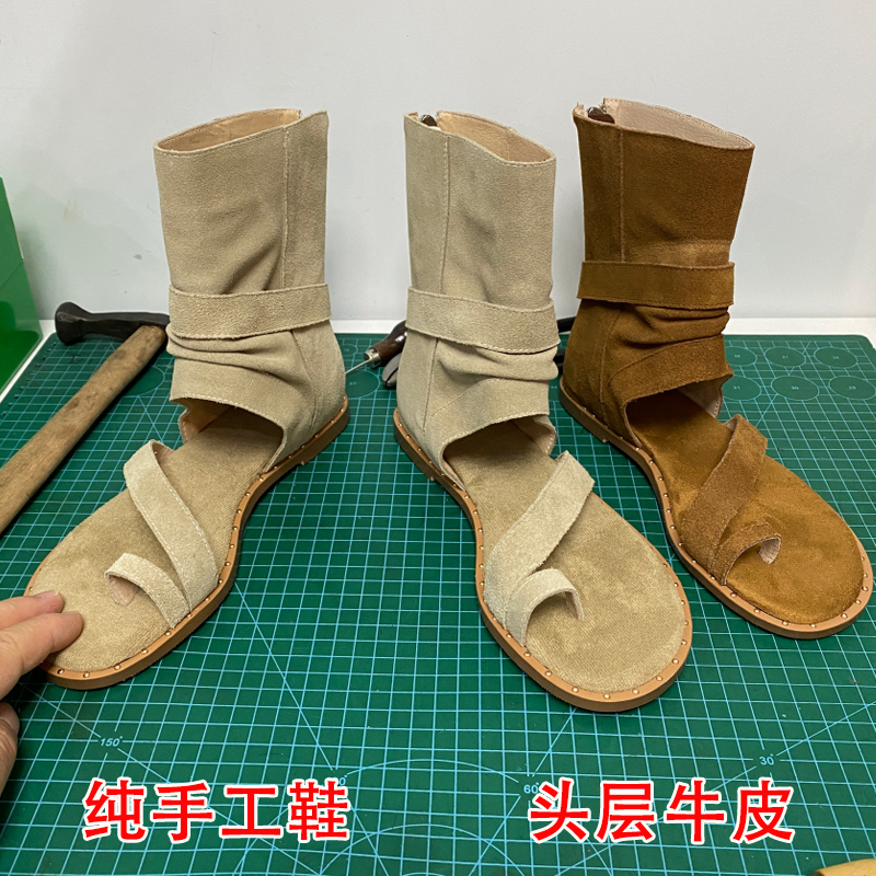 真皮波西米亚新款夏季磨砂真皮罗马凉鞋女夹趾高帮堆堆靴短款凉靴