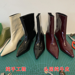 手工真皮简约法式 气质高跟短靴酒杯小猫跟尖头中筒靴时髦外穿靴子