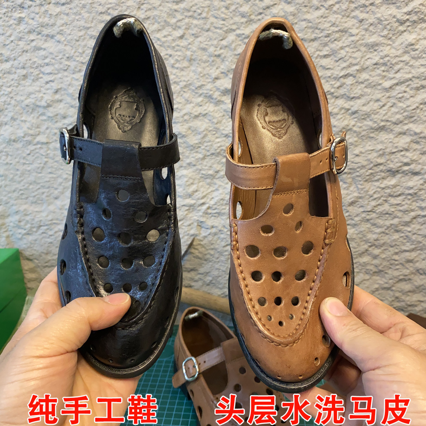 水洗马皮复古做旧真皮镂空网眼T字带罗马凉鞋女包头低跟洞洞女鞋