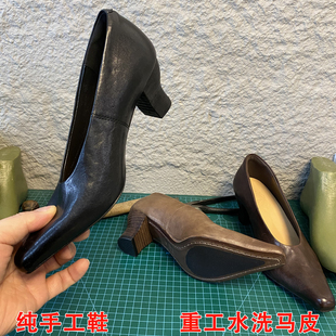 肖二哥重工水洗马皮复古高跟尖头软面奶奶单鞋粗跟女巫鞋浅口女鞋