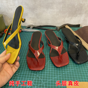 简约风头层真皮人字拖女夏季小猫跟外穿凉鞋女百搭气质通勤不累脚