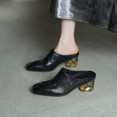 水洗马皮方头异形跟包头半拖鞋女