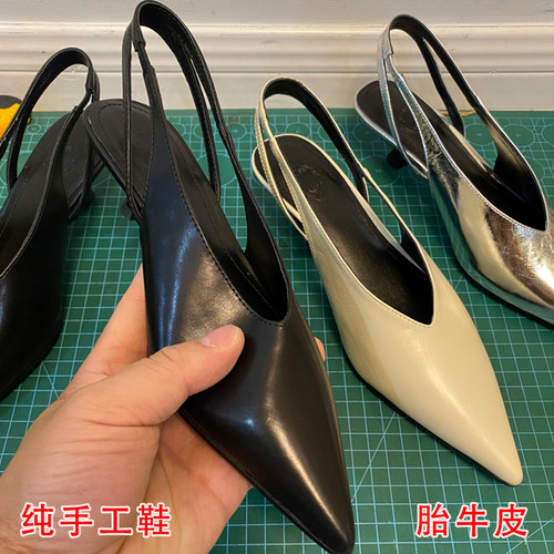 真皮包头凉鞋手工尖头小猫跟女鞋