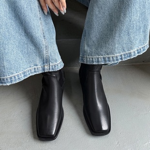 真皮时尚 短靴复古方头粗跟显瘦切尔西靴侧拉链百搭外穿通勤靴子女