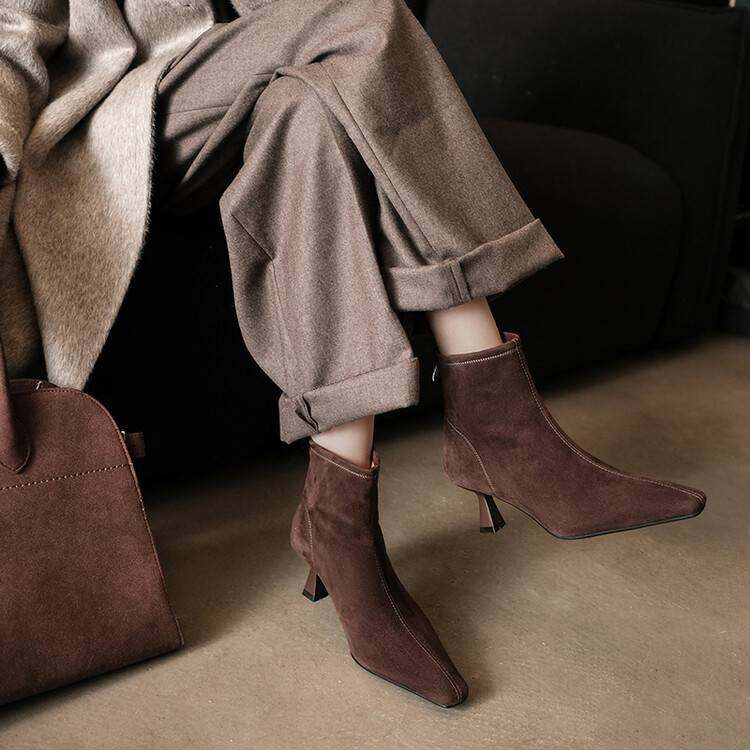 欧洲站靴子女细跟方头秋冬羊皮绒面短靴后拉链中跟时装靴瘦瘦靴子,女鞋,时装靴,淘宝优惠券,粉丝福利购,淘宝优惠卷