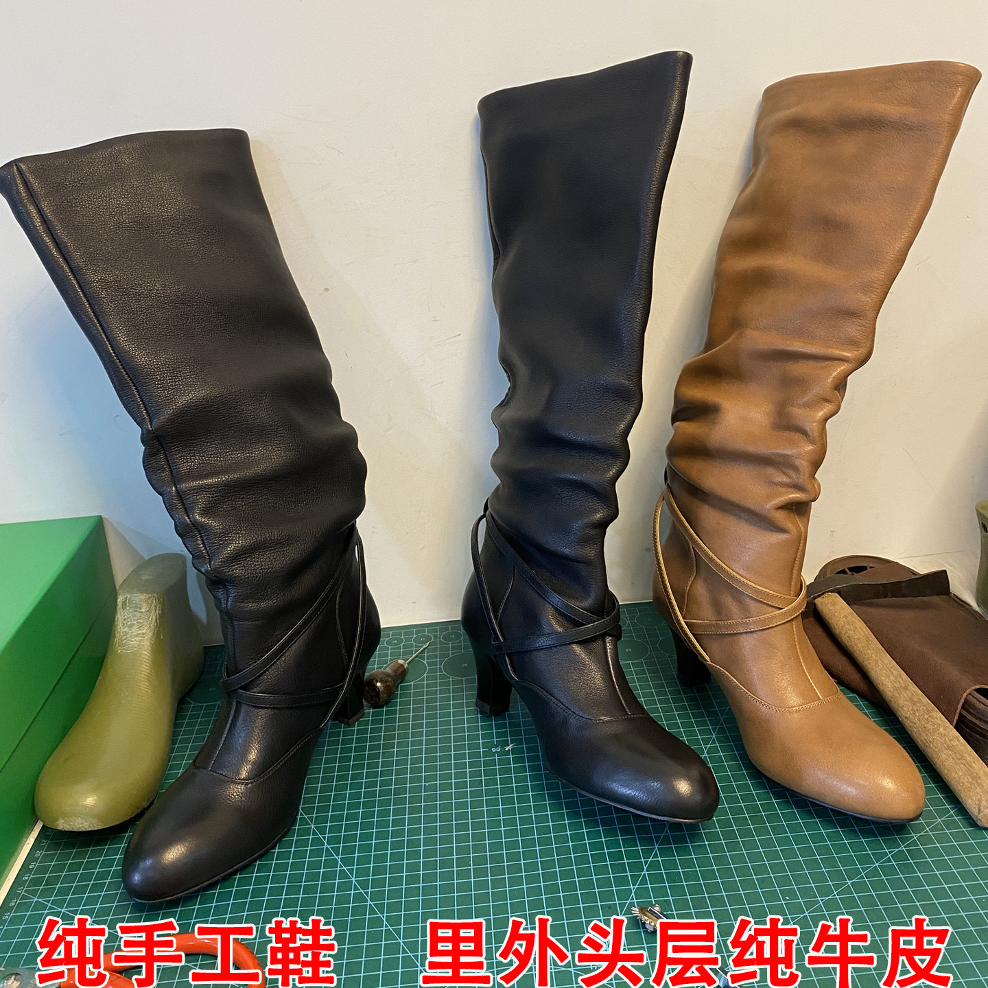 里外头层牛皮欧美风真皮高筒靴女冬季圆头粗跟褶皱堆堆靴及膝长靴