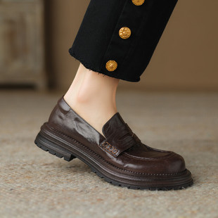 手工真皮增高厚底乐福鞋 女 女英伦风小皮鞋 女中跟高跟粗跟深口单鞋