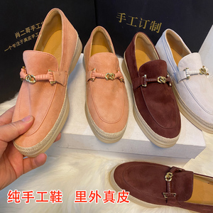 磨砂皮春秋百搭金属扣乐福鞋女一脚蹬懒人鞋休闲中口草编粉色单鞋