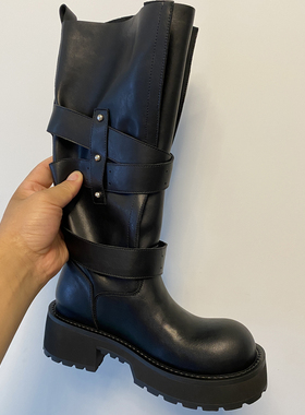 肖二哥巴家复古皮带扣毒液高筒骑士靴女大筒围厚底增高朋克机车靴