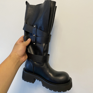 肖二哥巴家复古皮带扣毒液高筒骑士靴女大筒围厚底增高朋克机车靴