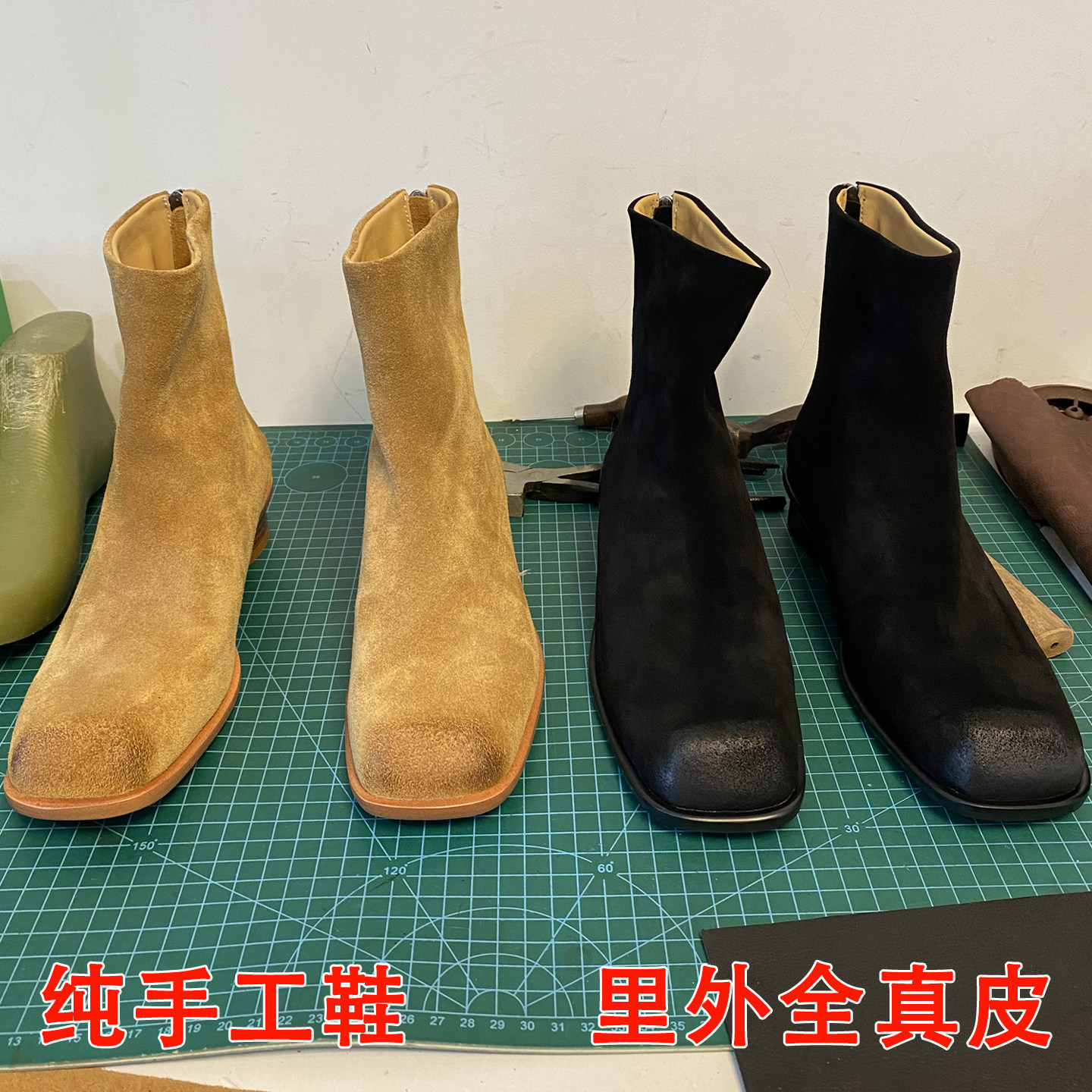 欧美复古风方头真皮低跟短靴女磨砂手工切尔西靴女小众后拉链靴子