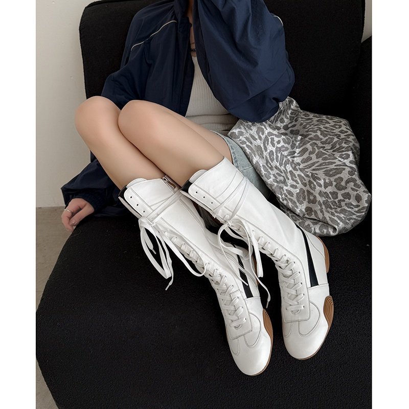 圆头内增高真皮侧拉链高筒靴前系带时尚潮流拳击长筒靴真皮瘦瘦靴