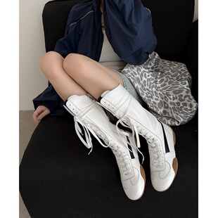 圆头内增高真皮侧拉链高筒靴前系带时尚 潮流拳击长筒靴真皮瘦瘦靴