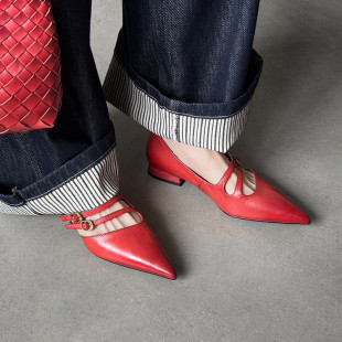 2026春夏新款真皮女鞋时尚尖头浅口女单鞋一字带百搭平底玛丽珍鞋