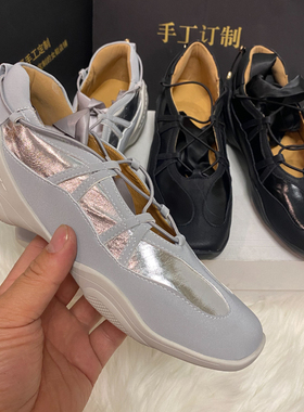 手工真皮知识分子Balletcore风丝带蝴蝶结芭蕾德训鞋休闲运动单鞋