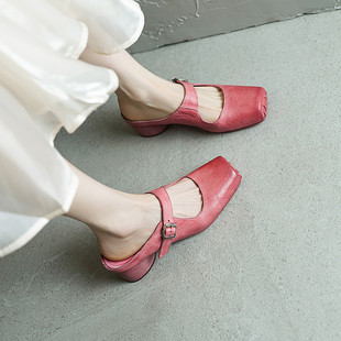 水洗马皮复古做旧猪鼻子拖鞋春夏新款方头粗跟真皮包头半拖鞋女鞋