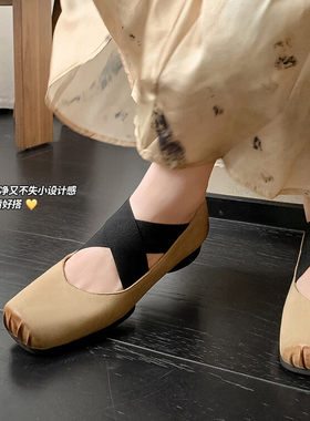 手工真皮平底单鞋女交叉绑带