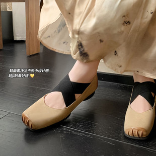 手工真皮平底单鞋女交叉绑带猪鼻子复古芭蕾舞高跟玛丽珍鞋大码40