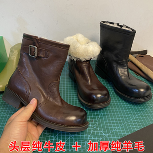水洗做旧真皮褶皱巴恩风皮带扣粗跟短靴女皮毛一体羊毛加厚雪地靴