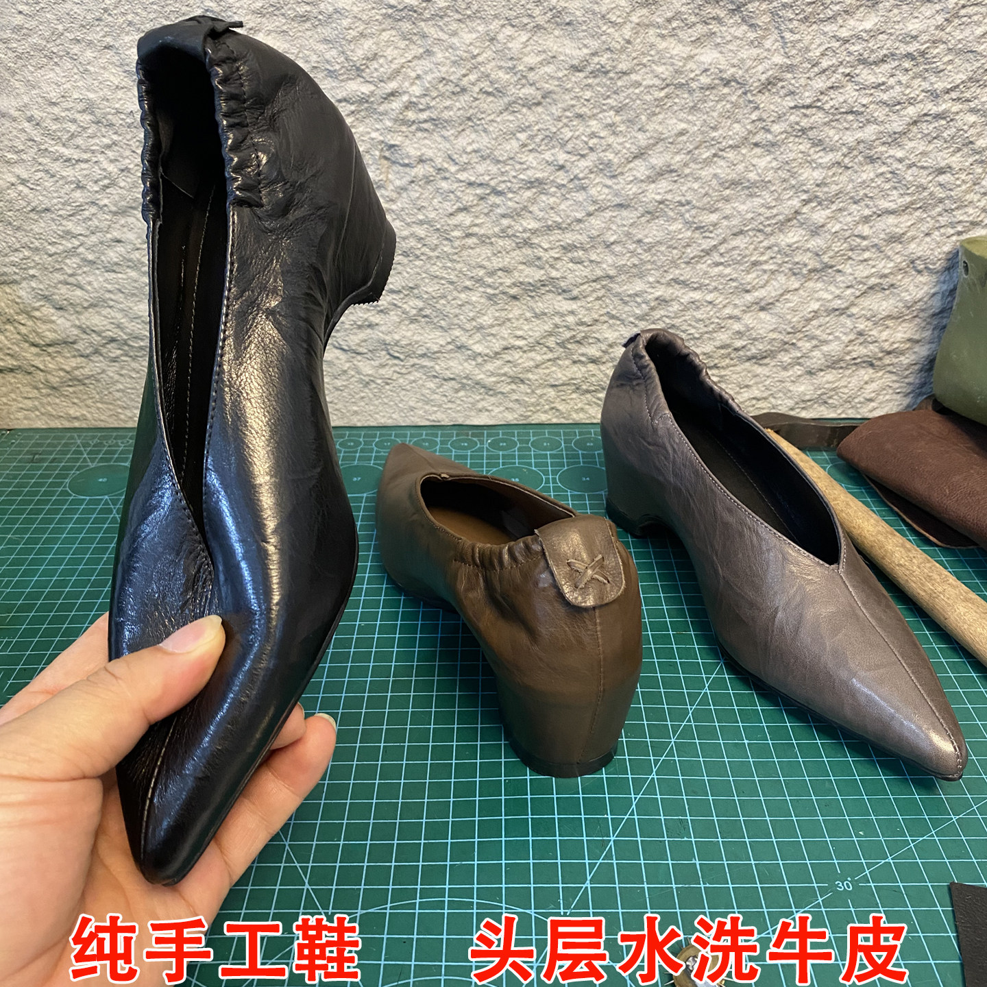 手工真皮复古V口尖头内增高单鞋图片