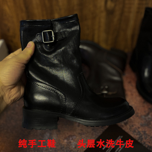 手工水洗真皮复古短靴女单靴子全牛皮中跟圆头皮带扣英伦风马丁靴