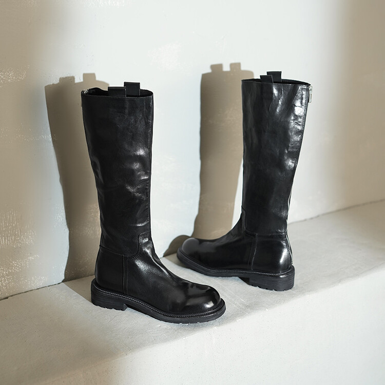 复古水洗马皮粗跟骑士靴