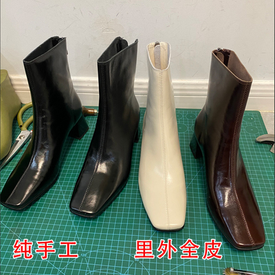 里外全真皮粗跟马丁靴粗跟瘦瘦靴