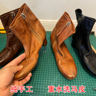 手工水洗马皮复古擦色方头瘦瘦靴短靴做旧褶皱侧拉链粗跟小裸靴女